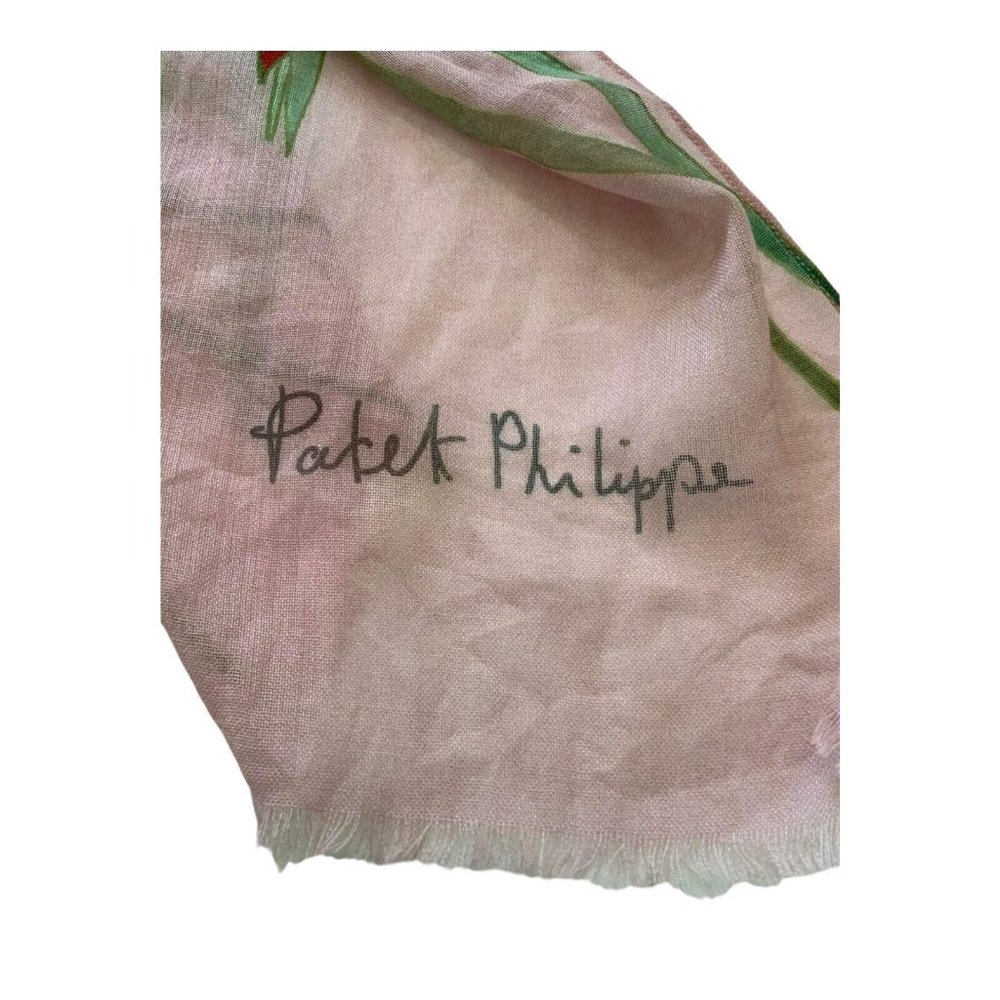 PATEK PHILIPPE Tricolor Floral & Leaf Print Logo Stole Cashmere 56"/ 54" EX.CON - Picture 3 of 5